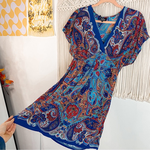 Angie Paisley V Neck Short Sleeve Boho Coverup Dress Size Large - Picture 3 of 10